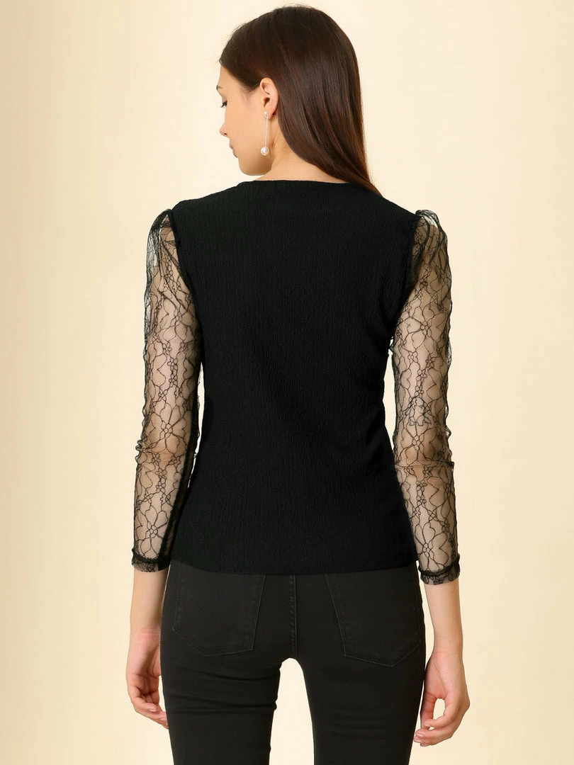 Allegra K Women's Semi Sheer Lace Panel V Neck Casual Long Sleeve Blouse 8 Allegra K Women's Semi Sheer Lace Panel V Neck Casual Long Sleeve Blouse