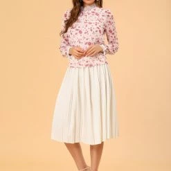 Allegra K Women's Lace Ruffled Neck Pleat Swiss Dots Floral Chiffon Blouse Top