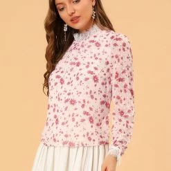 Allegra K Women's Lace Ruffled Neck Pleat Swiss Dots Floral Chiffon Blouse Top