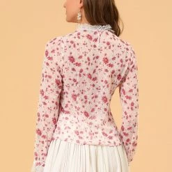 Allegra K Women's Lace Ruffled Neck Pleat Swiss Dots Floral Chiffon Blouse Top