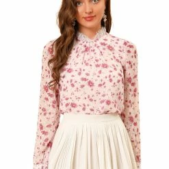 Allegra K Women's Lace Ruffled Neck Pleat Swiss Dots Floral Chiffon Blouse Top