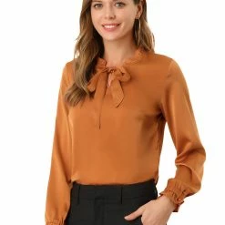 Allegra K Women's Elegant Satin Shirt Ruffle Tie Neck Long Sleeve Work Office Blouse Top
