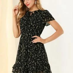 Allegra K Women's Ruffled Sleeve Self-Tie V Neck Above Knee Chiffon A-Line Floral Ruffle Dress