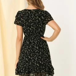 Allegra K Women's Ruffled Sleeve Self-Tie V Neck Above Knee Chiffon A-Line Floral Ruffle Dress