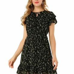 Allegra K Women's Ruffled Sleeve Self-Tie V Neck Above Knee Chiffon A-Line Floral Ruffle Dress