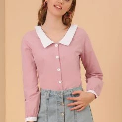 Allegra K Women's Contrast Peter Pan Collar Blouse Button Up Shirt 11 Allegra K Women's Contrast Peter Pan Collar Blouse Button Up Shirt