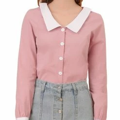 Allegra K Women's Contrast Peter Pan Collar Blouse Button Up Shirt