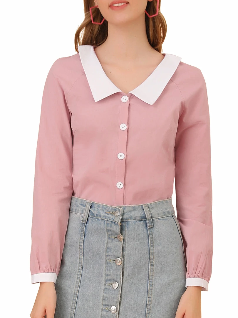 Allegra K Women's Contrast Peter Pan Collar Blouse Button Up Shirt 4 Allegra K Women's Contrast Peter Pan Collar Blouse Button Up Shirt