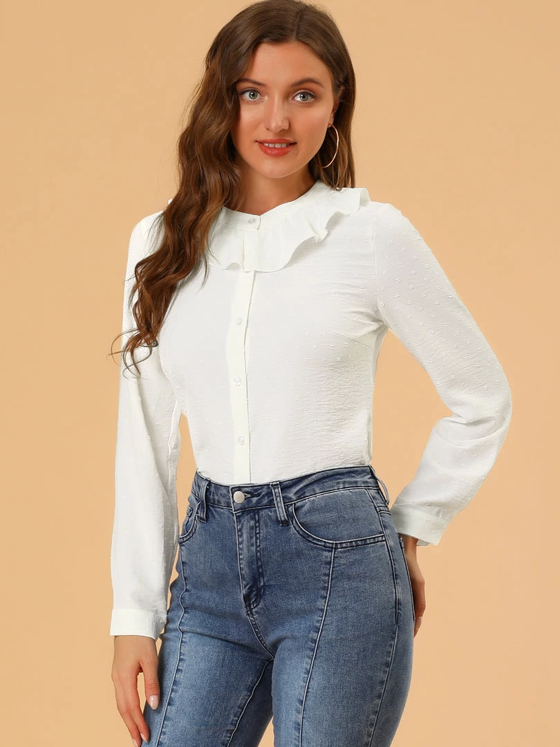 Allegra K Women's Ruffle Neck Button Closure Long Sleeve Swiss Dots Casual Chiffon Blouse Shirt 5 Allegra K Women's Ruffle Neck Button Closure Long Sleeve Swiss Dots Casual Chiffon Blouse Shirt