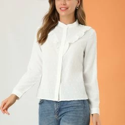 Allegra K Women's Elegant Ruffle Front Shirt Swiss Dots Long Sleeve Blouse