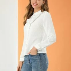 Allegra K Women's Elegant Ruffle Front Shirt Swiss Dots Long Sleeve Blouse