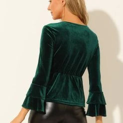 Allegra K Women's V Neck Velvet Blouse Flare Long Sleeve Peplum Top 32 Allegra K Women's V Neck Velvet Blouse Flare Long Sleeve Peplum Top