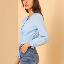 Allegra K Women's Swiss Dots Ruffle Long Sleeve V Neck Smocked Wrap Crop Top