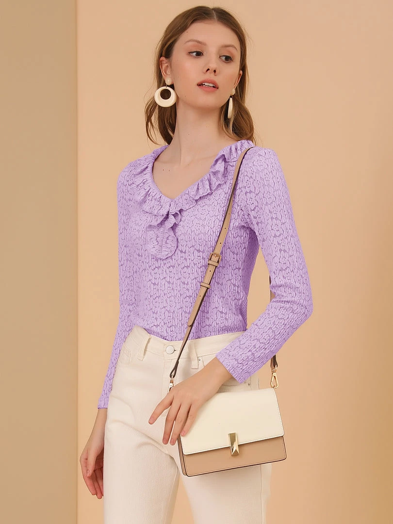 Allegra K Women's Floral Lace Blouse Textured Semi-sheer Ruffle V Neck Long Sleeve Top 5 Allegra K Women's Floral Lace Blouse Textured Semi-sheer Ruffle V Neck Long Sleeve Top