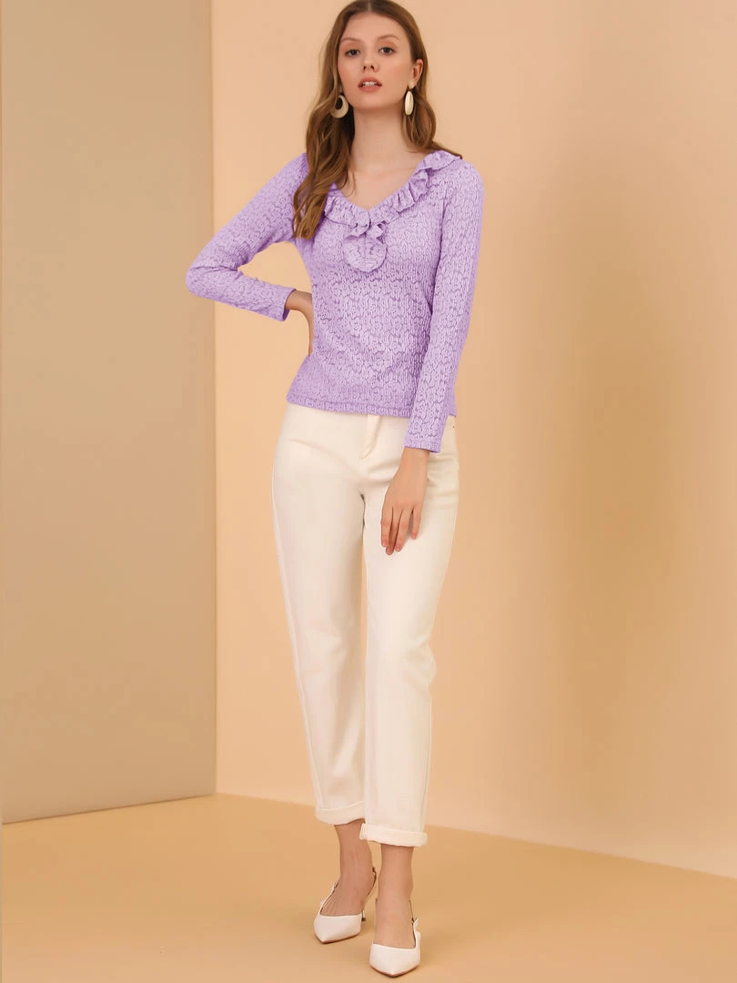 Allegra K Women's Floral Lace Blouse Textured Semi-sheer Ruffle V Neck Long Sleeve Top 6 Allegra K Women's Floral Lace Blouse Textured Semi-sheer Ruffle V Neck Long Sleeve Top