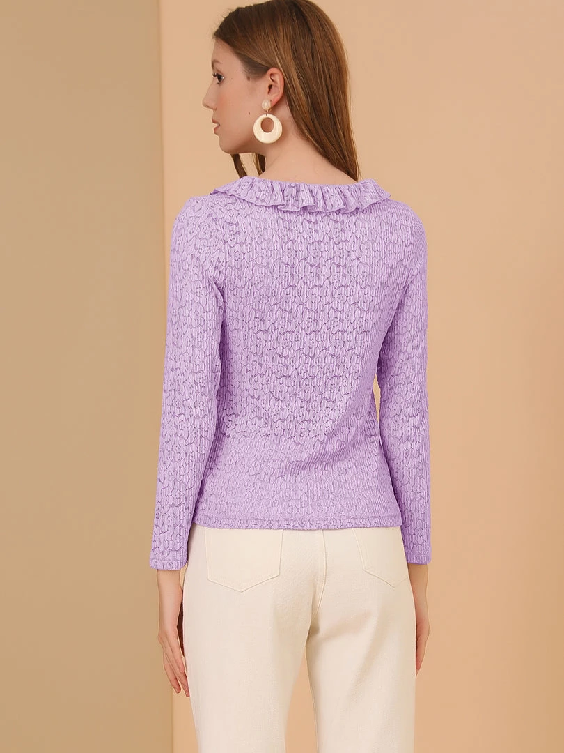 Allegra K Women's Floral Lace Blouse Textured Semi-sheer Ruffle V Neck Long Sleeve Top 8 Allegra K Women's Floral Lace Blouse Textured Semi-sheer Ruffle V Neck Long Sleeve Top