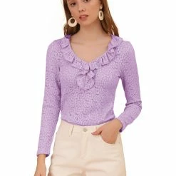 Allegra K Women's Floral Lace Blouse Textured Semi-sheer Ruffle V Neck Long Sleeve Top