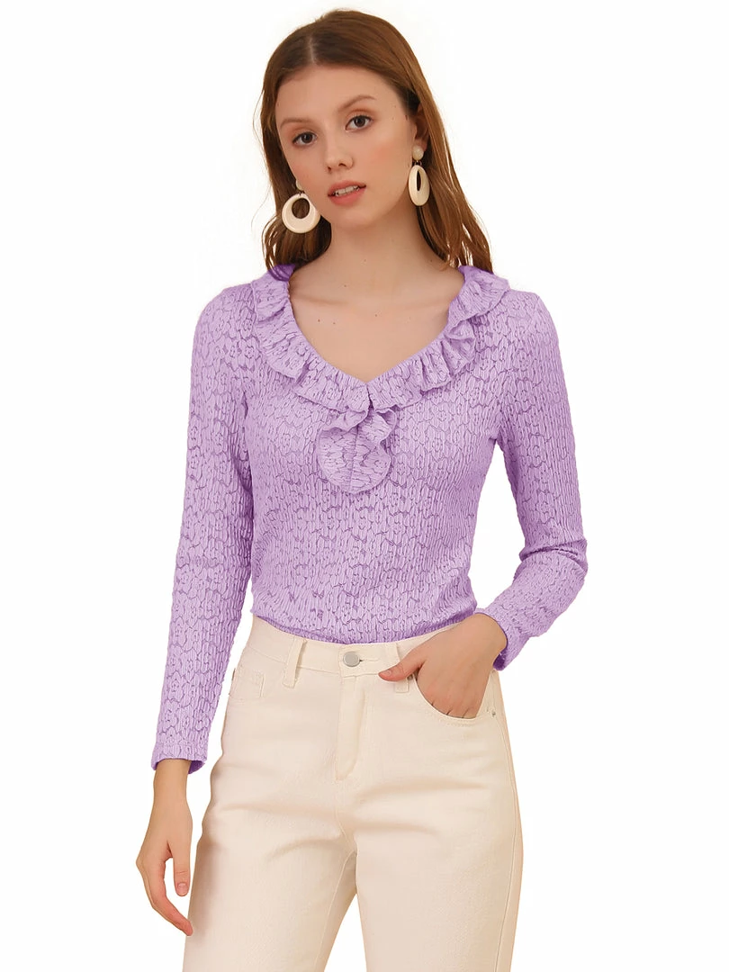 Allegra K Women's Floral Lace Blouse Textured Semi-sheer Ruffle V Neck Long Sleeve Top 4 Allegra K Women's Floral Lace Blouse Textured Semi-sheer Ruffle V Neck Long Sleeve Top