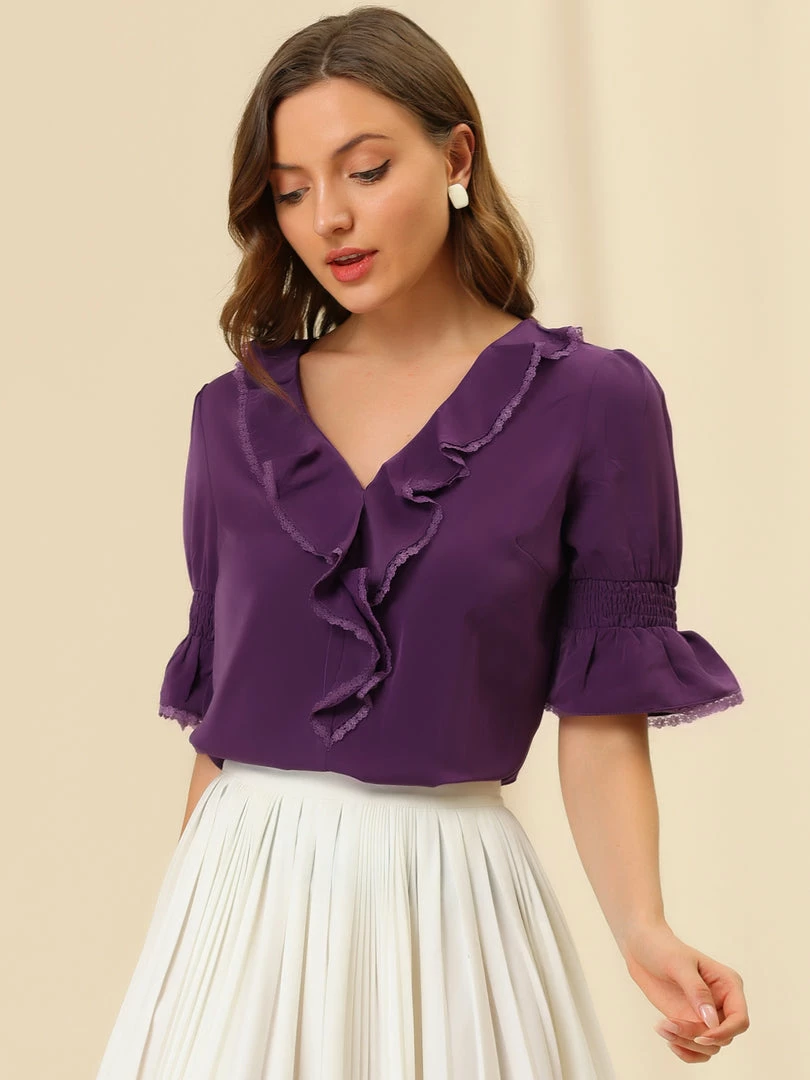 Allegra K Women's Ruffle V Neck Half Bell Sleeve Blouse Summer Vintage Casual Chiffon Peasant Top 83 Allegra K Women's Ruffle V Neck Half Bell Sleeve Blouse Summer Vintage Casual Chiffon Peasant Top