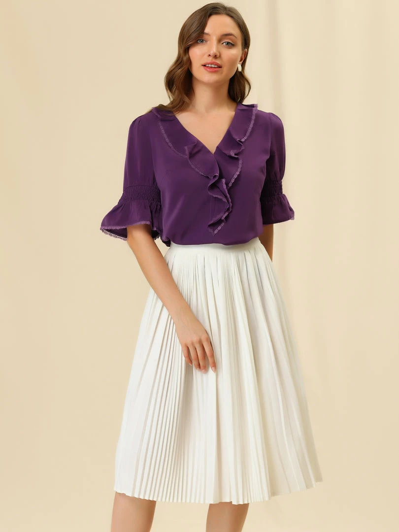 Allegra K Women's Ruffle V Neck Half Bell Sleeve Blouse Summer Vintage Casual Chiffon Peasant Top 84 Allegra K Women's Ruffle V Neck Half Bell Sleeve Blouse Summer Vintage Casual Chiffon Peasant Top