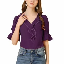 Allegra K Women's Ruffle V Neck Half Bell Sleeve Blouse Summer Vintage Casual Chiffon Peasant Top 166 Allegra K Women's Ruffle V Neck Half Bell Sleeve Blouse Summer Vintage Casual Chiffon Peasant Top