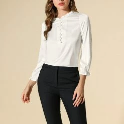 Allegra K Women's Ruffle Neck Bubble Sleeve Elastic Cuff Button Work Office Blouse