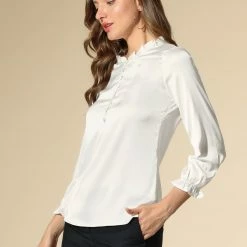 Allegra K Women's Ruffle Neck Bubble Sleeve Elastic Cuff Button Work Office Blouse