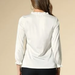 Allegra K Women's Ruffle Neck Bubble Sleeve Elastic Cuff Button Work Office Blouse