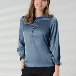 Allegra K Women's Ruffle Neck Bubble Sleeve Elastic Cuff Button Work Office Blouse