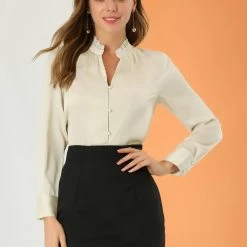 Allegra K Women's Ruffled Satin Shirt Lantern Long Sleeve Button Work Office Blouse