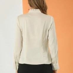 Allegra K Women's Ruffled Satin Shirt Lantern Long Sleeve Button Work Office Blouse