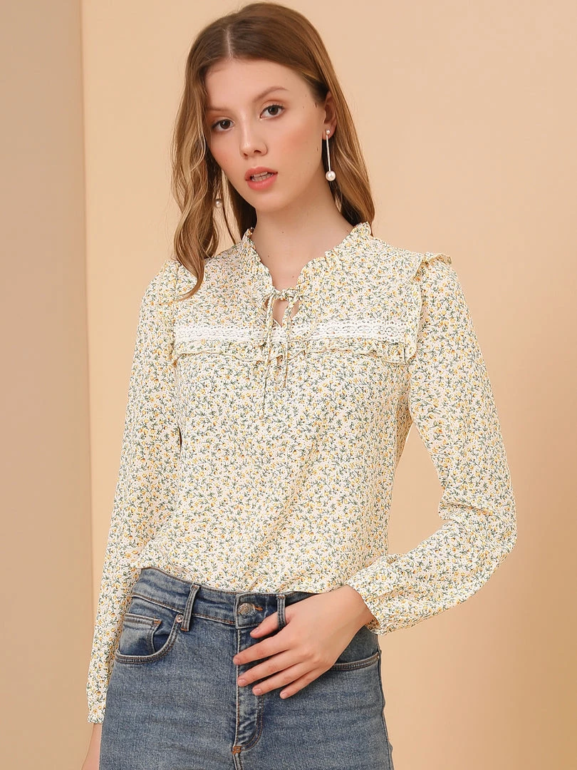 Allegra K Women's Floral Top Ruffle Tie Neck Chiffon Blouse 5 Allegra K Women's Floral Top Ruffle Tie Neck Chiffon Blouse
