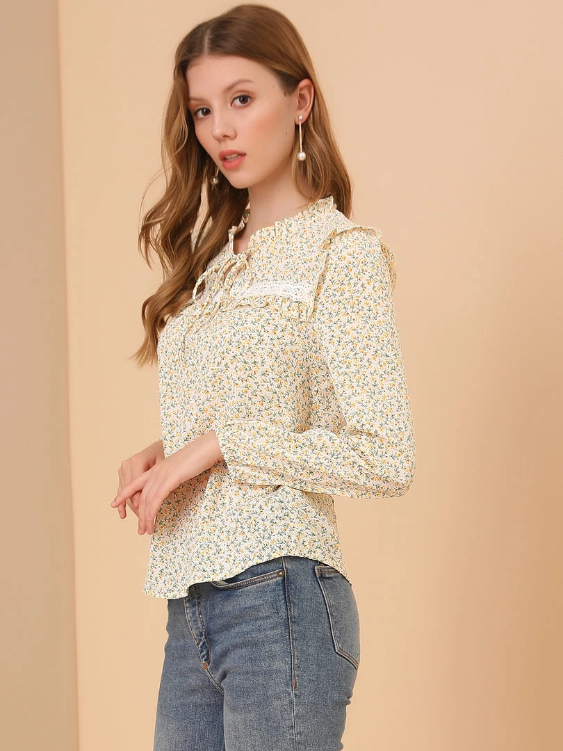Allegra K Women's Floral Top Ruffle Tie Neck Chiffon Blouse 7 Allegra K Women's Floral Top Ruffle Tie Neck Chiffon Blouse
