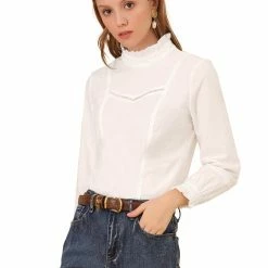 Allegra K Women's Ruffle Collar Long Sleeve Lace Crochet Cotton Tops