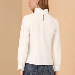 Allegra K Women's Ruffle Collar Long Sleeve Lace Crochet Cotton Tops