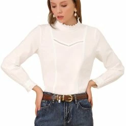 Allegra K Women's Ruffle Collar Long Sleeve Lace Crochet Cotton Tops