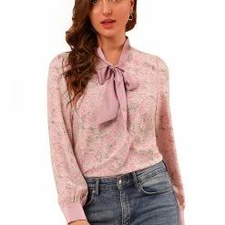 Allegra K Women's Long Sleeve Bow Tie Office Ladies Tops Floral Chiffon Blouse