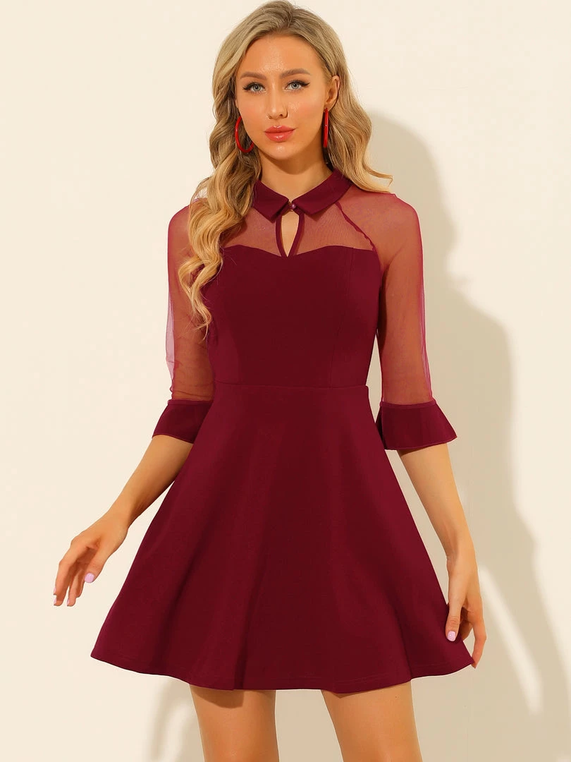 Allegra K Women's Cocktail Dresses 3/4 Sleeves Keyhole Neck Mesh Sheer Party A-Line Dress 6 Allegra K Women's Cocktail Dresses 3/4 Sleeves Keyhole Neck Mesh Sheer Party A-Line Dress