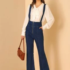 Allegra K Women's Jeans Denim Pants Zip Front Bell Bottoms Long Overalls Jumpsuit