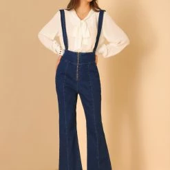 Allegra K Women's Jeans Denim Pants Zip Front Bell Bottoms Long Overalls Jumpsuit
