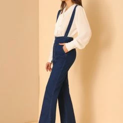 Allegra K Women's Jeans Denim Pants Zip Front Bell Bottoms Long Overalls Jumpsuit
