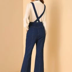 Allegra K Women's Jeans Denim Pants Zip Front Bell Bottoms Long Overalls Jumpsuit