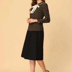 Allegra K Women's Peter Pan Collar Top Dots Tie Neck Work Chiffon Blouse Shirt