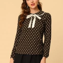 Allegra K Women's Peter Pan Collar Top Dots Tie Neck Work Chiffon Blouse Shirt