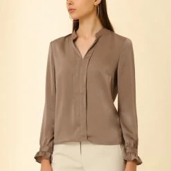 Allegra K Women's Satin Elegant Top Ruffle Cuff Work Shirt V Neck Blouses