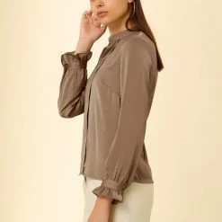 Allegra K Women's Satin Elegant Top Ruffle Cuff Work Shirt V Neck Blouses