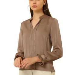 Allegra K Women's Satin Elegant Top Ruffle Cuff Work Shirt V Neck Blouses