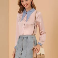 Allegra K Women's Point Collar Button-Down Long Sleeve Collar Top