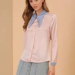 Allegra K Women's Point Collar Button-Down Long Sleeve Collar Top