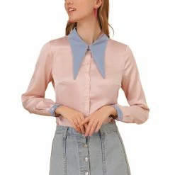 Allegra K Women's Point Collar Button-Down Long Sleeve Collar Top
